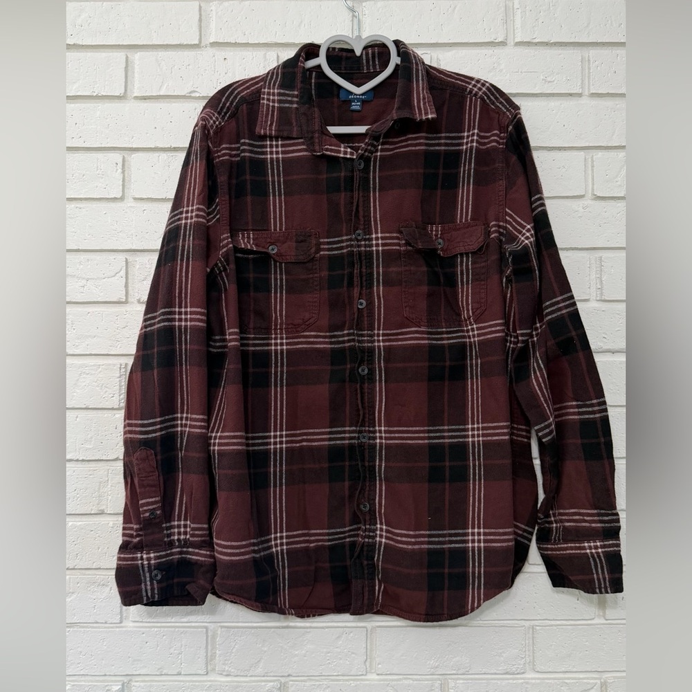George Men’s Plaid Flannel Button-Up Shirt | Burgundy & Black | Size L